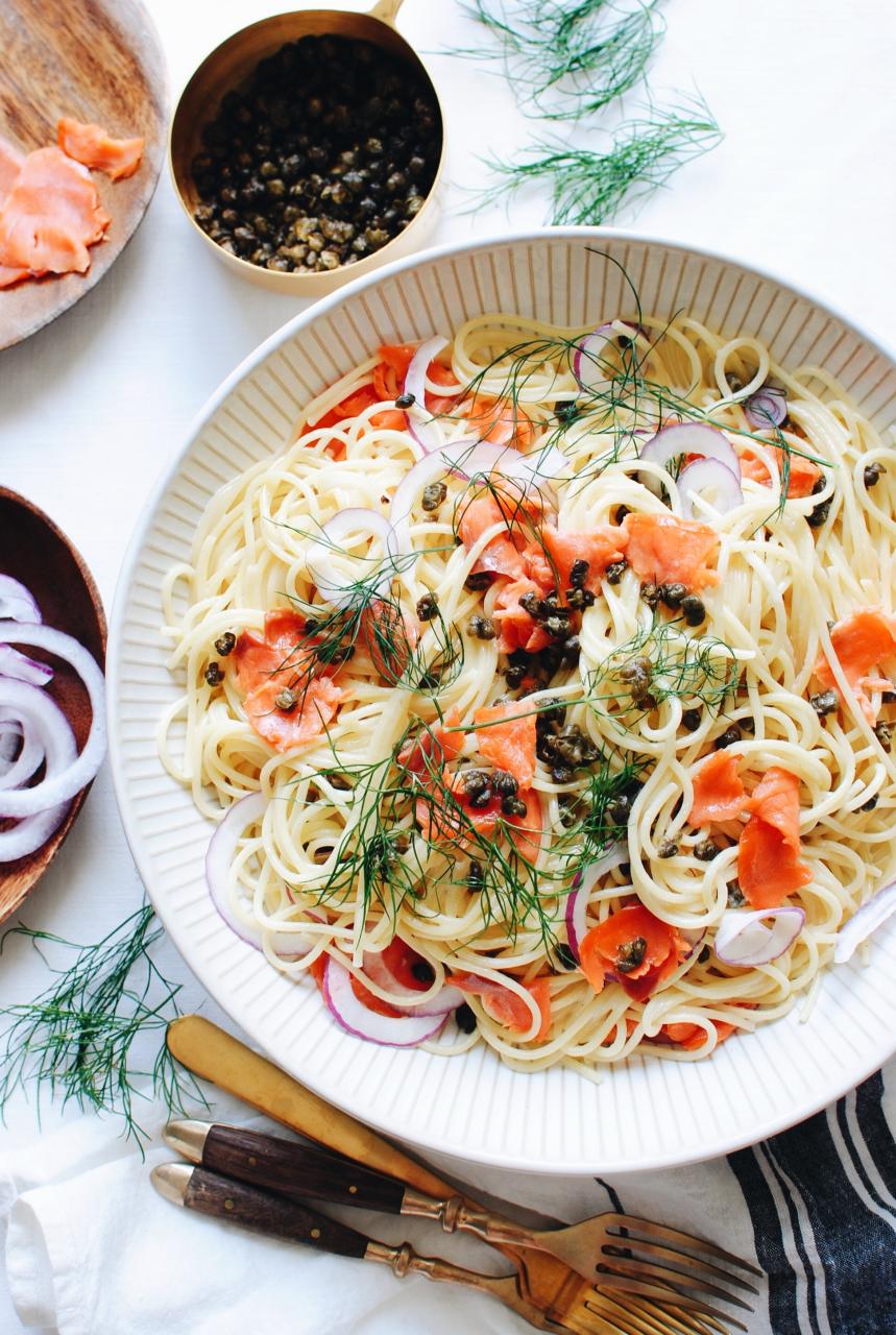 Creamy Spaghetti with Smoked Salmon and Fried Capers - Bev Cooks